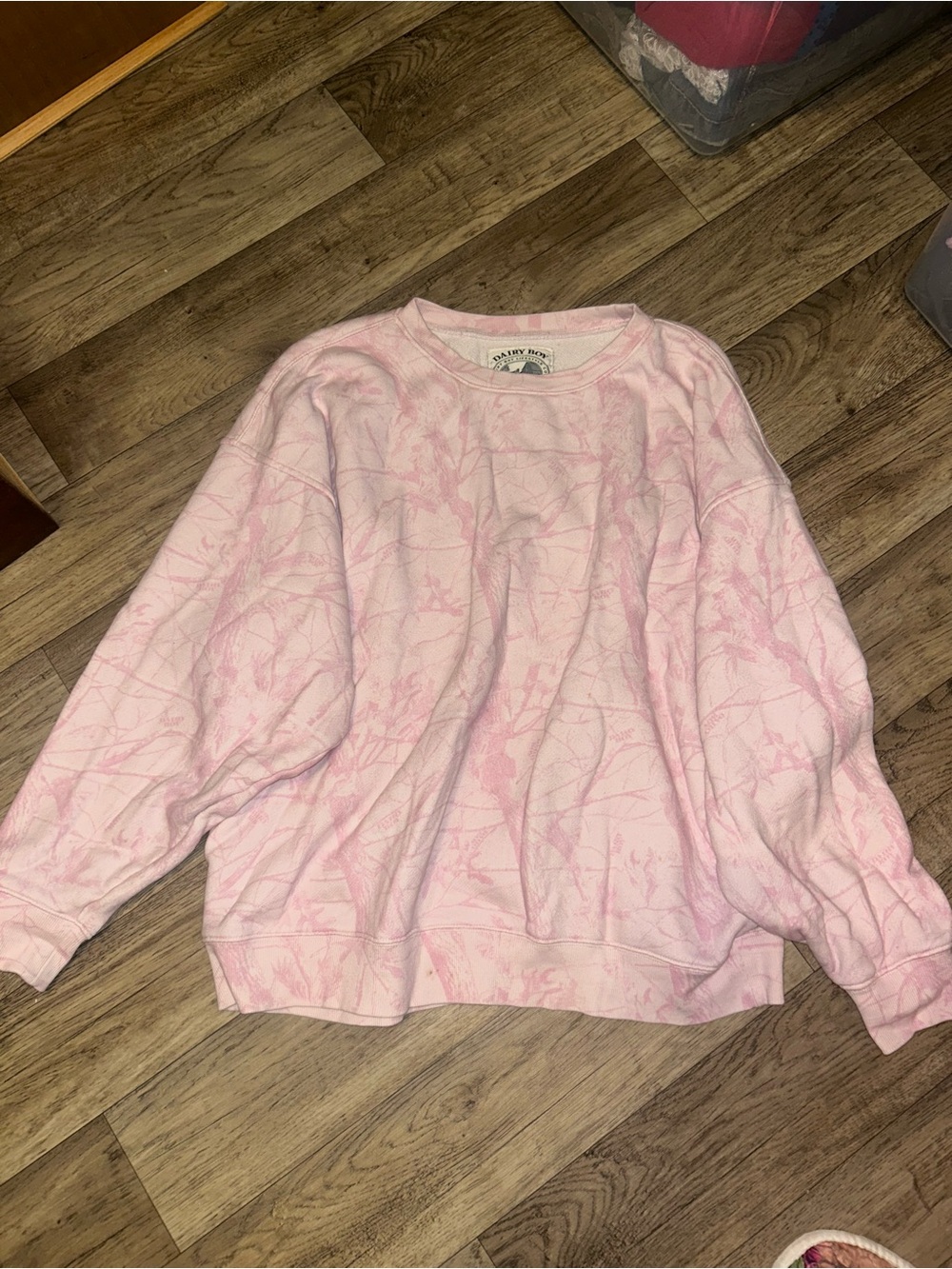 Dairy Boy Women's Light Pink Crewneck Sweatshirt with Camo Pattern